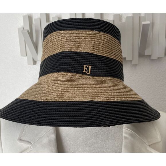 $240 New Eric Javits Women\'s Packable Stripe Bucket Straw Hat~ Black and Tan